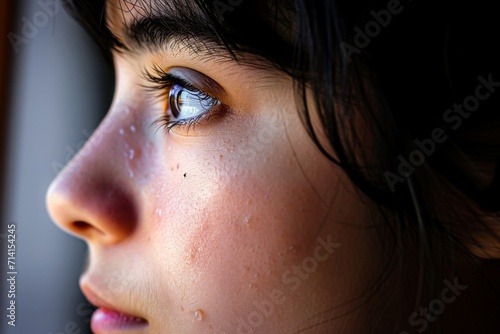 Close-up of a young woman's face capturing a thoughtful expression with a tear on her cheek.