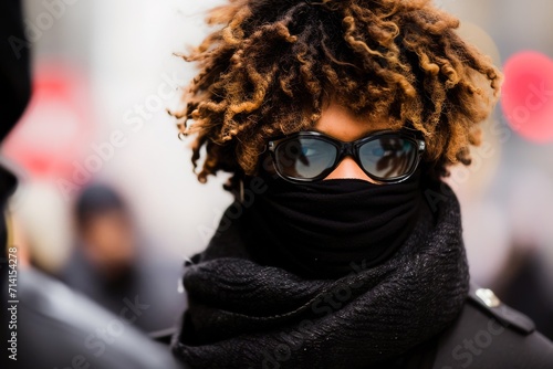 Stylish person with curly hair wearing sunglasses and a scarf covering their face on a city street.