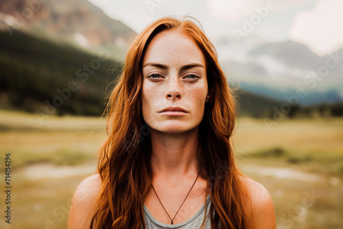 Serene young redhead woman with freckles standing confidently outdoors with a mountain landscape in the background. photo