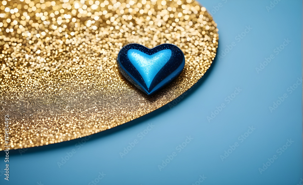 A small blue heart on a sparkling gold background. Generative AI A small blue heart on a sparkling gold background. Generative AI
