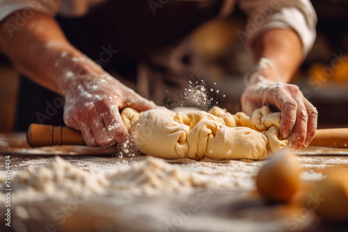 A baker rolls pastry dough onto a floured wooden countertop.