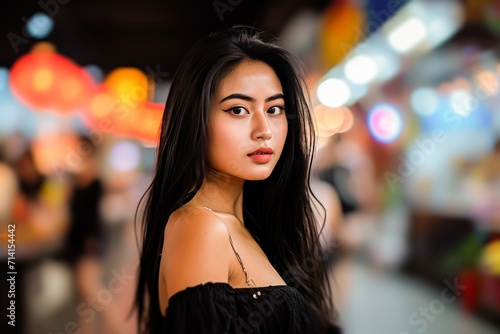 Stunning young woman with striking features posing outdoors on a vibrant city street at night. © apratim
