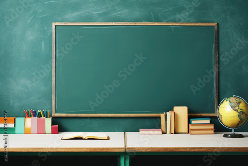 Green blackboard, desk and school supplies on it, back to school design. Generative ai