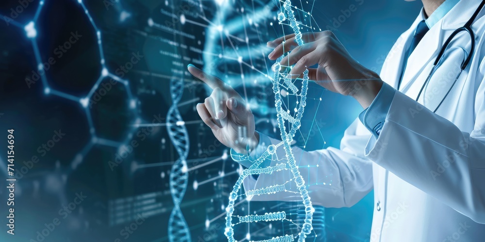 Doctor touching icon DNA. Digital healthcare and medical diagnosis of patient with network connection on modern interface. Healthcare and medical concept - obrazy, fototapety, plakaty 