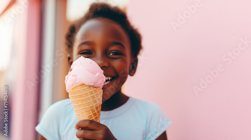 African American girl portrait enjoying pink ice cream cone, copy space