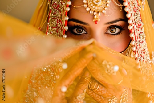 Close-up of a beautiful Indian bride's eyes, with traditional wedding makeup and jewelry, veiled in a golden saree.