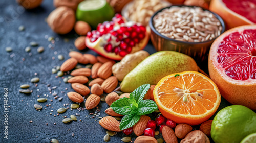 A variety of organic tropical citrus fruits and nuts on a dark background. Useful plant vitamins. Taking care of health and proper food. Side view