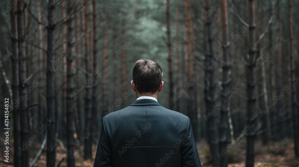A determined businessman in a suit pauses at the edge of a dense, ominous forest, symbolizing the daunting challenges and uncertainties he faces in his professional journey.