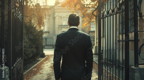 A confident businessman in a sharp suit pauses at the entrance of grand, open gates leading to a path of opportunities, symbolizing new ventures and strategic decisions in the corporate world. photo