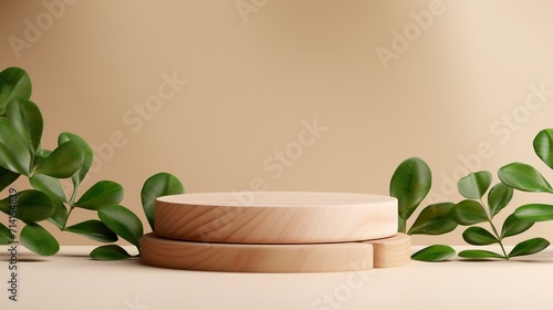 Slice of wooden podium with green leaves in 3D rendering.