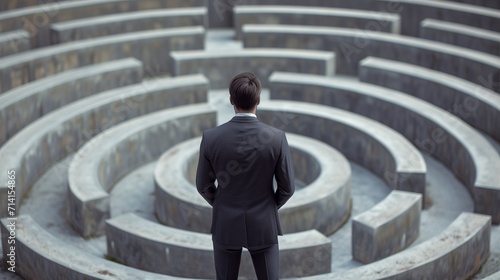 A determined businessman in a suit stands halted before a symbolic maze, representing obstacles such as economic challenges, or a potential business deadlock.