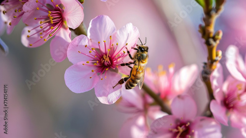 Close up of bees on soft pink cherry blossoms, natural macro spring background