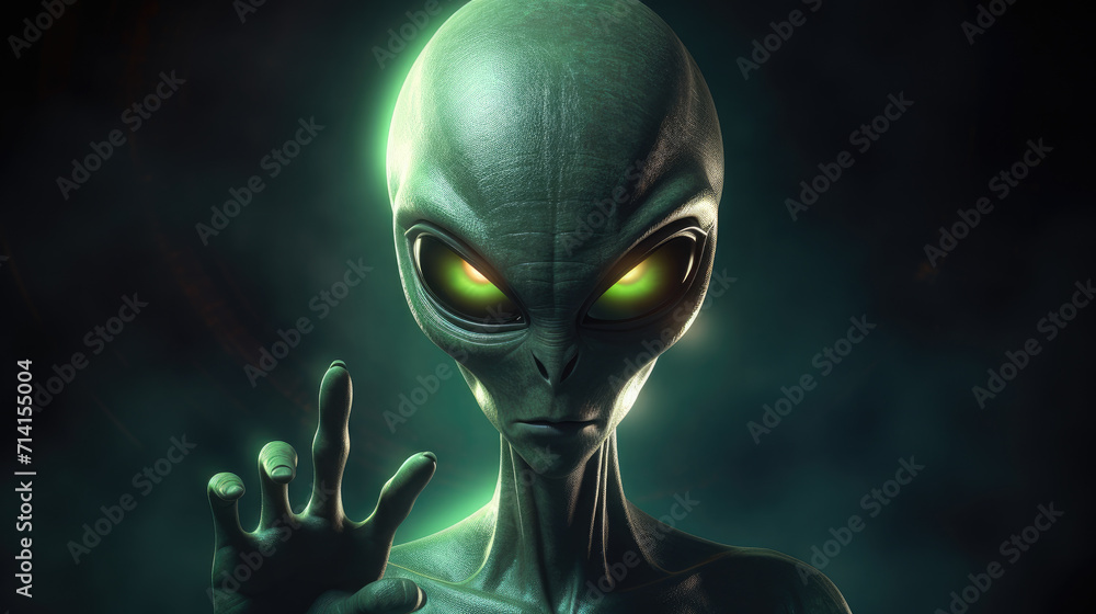 Green scary alien raising his hand, mysterious ufo design on black background. Generative ai Green scary alien raising his hand, mysterious ufo design on black background. Generative ai