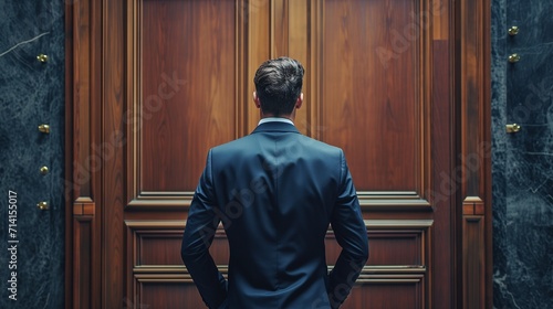 Businessman in a suit stands perplexed before a set of imposing locked doors, symbolizing obstacles such as business challenges, and impasses.