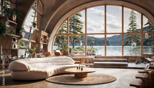 Luxury living room interior with a large window overlooking the lake photo