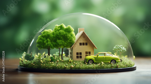 A house concept in a bubble with green trees and a green car, A house on a glass globe with a tree, AI generated 