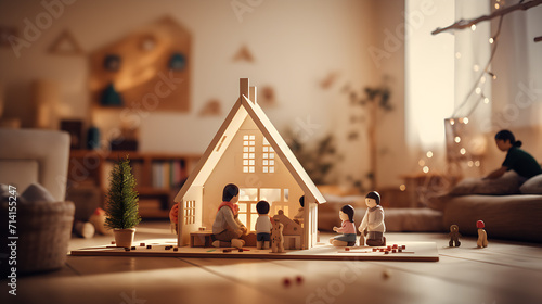 A miniature house indoors with a roof and mini family replica in front of it, AI-generated  photo