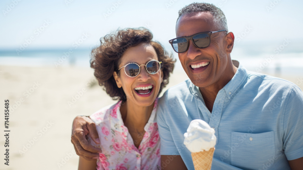 POC Middle age couple enjoying time on beach. Summer holiday, man and woman