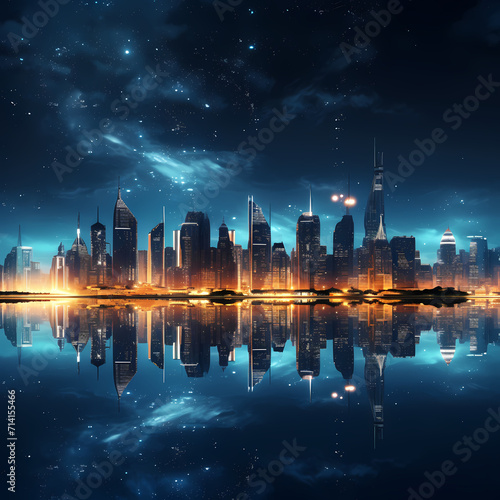 A city skyline at night with illuminated skyscrapers