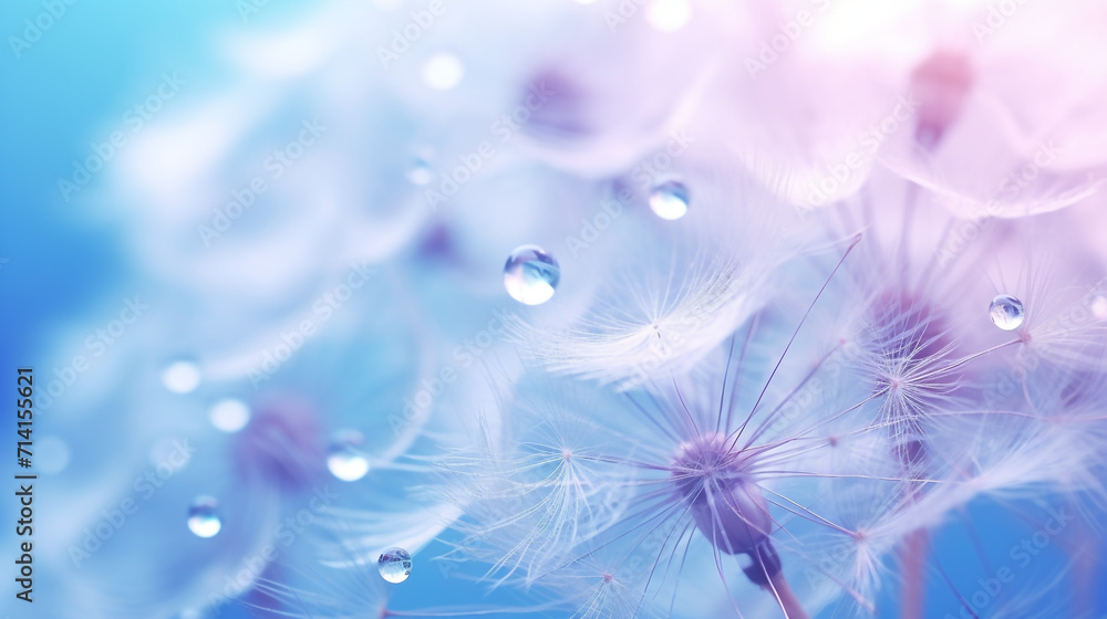Delicate fluffs of a dandelion flower in macro on a blue background, along which transparent dew drops flow. Delicate fluffs of a dandelion flower in macro on a blue background, along which transparent dew drops flow.