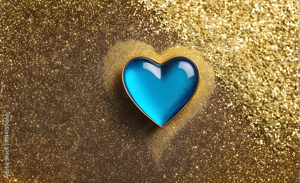 A small blue heart on a sparkling gold background. Generative AI A small blue heart on a sparkling gold background. Generative AI