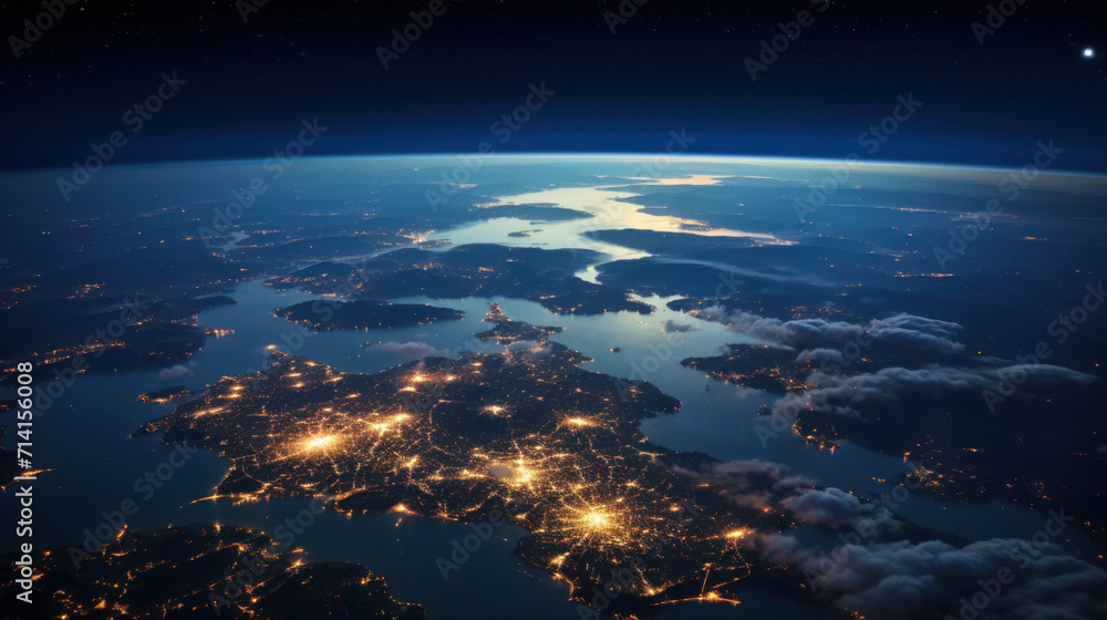 Panoramic Earth view from space, city lights aglow amid light clouds, capturing the essence of different seasons Panoramic Earth view from space, city lights aglow amid light clouds, capturing the essence of different seasons