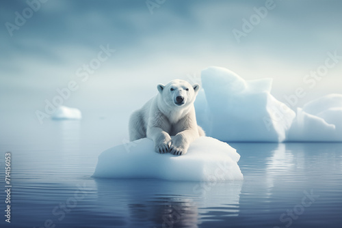 Majestic polar bear in the arctic  sitting on an ice floe  reflecting in the water  and looking out into the frozen landscape. Global warming concept.