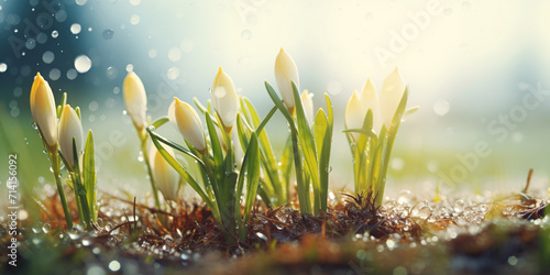 Closeup of early crocus flowers emerging from the thawing ground. Fresh dew in a vibrant and floral scene in nature.