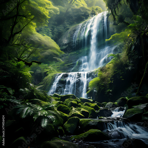 A majestic waterfall in a lush green forest.