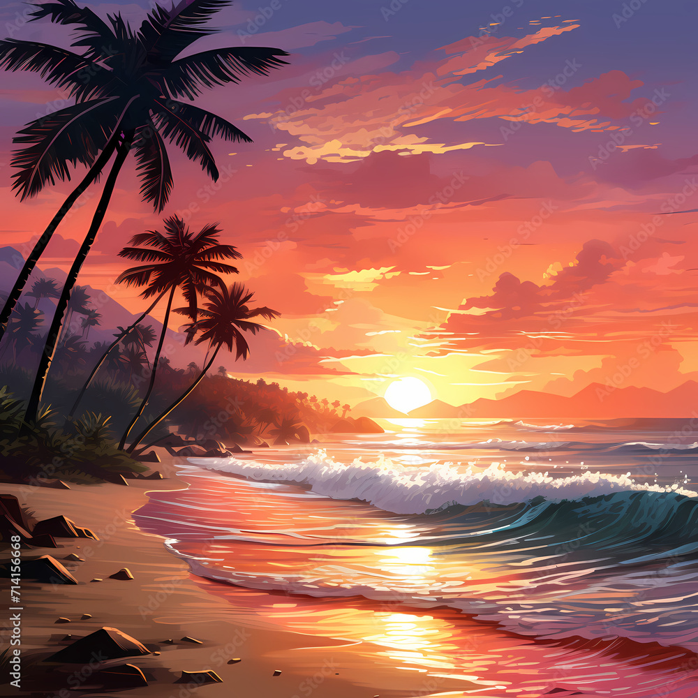 A serene beach sunset with palm trees and gentle wind