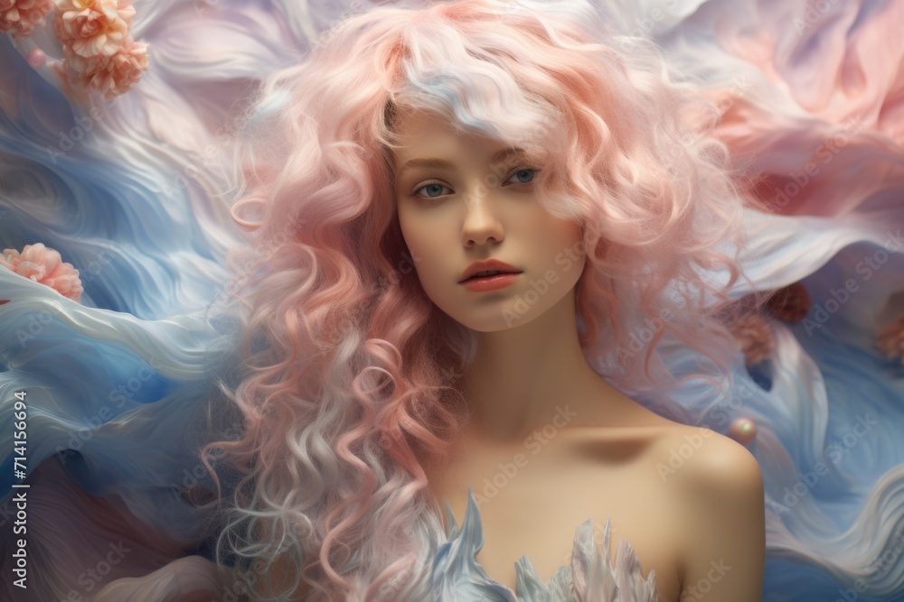 Dreamy portrait of woman with pink cloud like hair, soft pastel colors