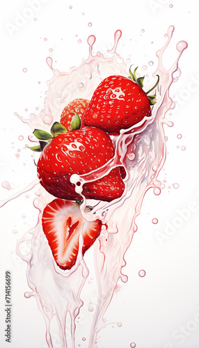 Milk splash with strawberry, isolated on white background. Waterdrops, milkdrops mid motion. Copy space, banner. Watercolour style. Healthy lifestyle, vitamin organic food concept, berries photo