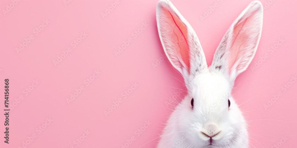Fototapeta premium White rabbit head with sticking ears on a pink background with copy space.