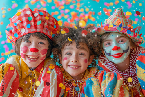 Children having fun with clown costume at carnival