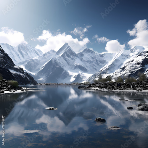 A serene lake surrounded by snow-capped mountains.