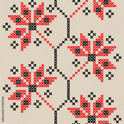 Black and red cross stitch embroidery design, vector illustration.