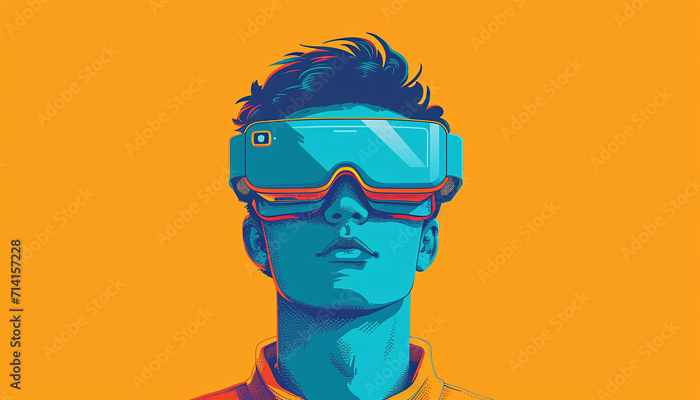 Man Wear the Virtual Reality Glasses to Watch the Simulation Infographic, metaverse world