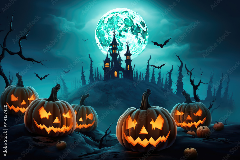 Halloween pumpkins jack o lantern and dark castle on blue Moon background