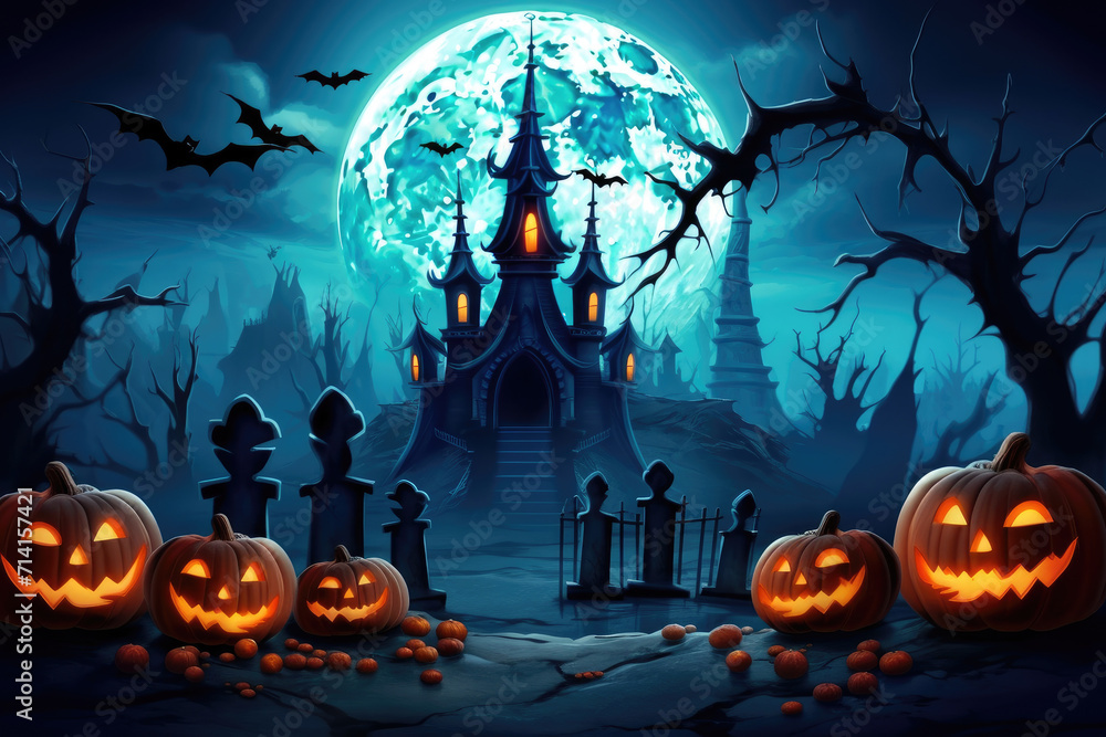 Fototapeta premium Halloween pumpkins jack o lantern and dark castle on blue Moon background