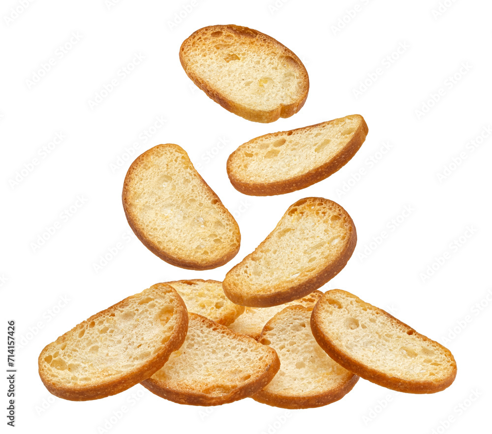 Falling bruschetta crackers, bread croutons isolated on white background Falling bruschetta crackers, bread croutons isolated on white background