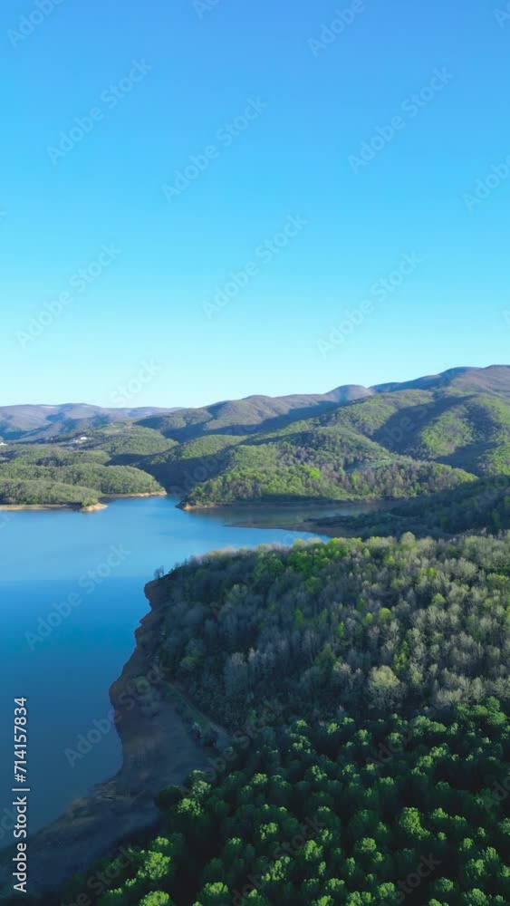 Aerial view of a lake in a dense green forest on bright sunny summer morning. Aerial view of a lake in a dense green forest on bright sunny summer morning.
