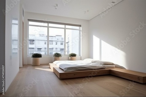 Modest bedroom showcasing 3D minimalist design: wooden floor, white wall, big window, carpet... Generative AI © Melisande