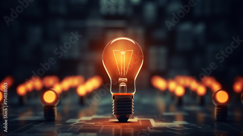 An incandescent glass lamp that glows close-up, with soft bokeh in the background and many lit bulbs, symbolizing the emergence of new business ideas.
