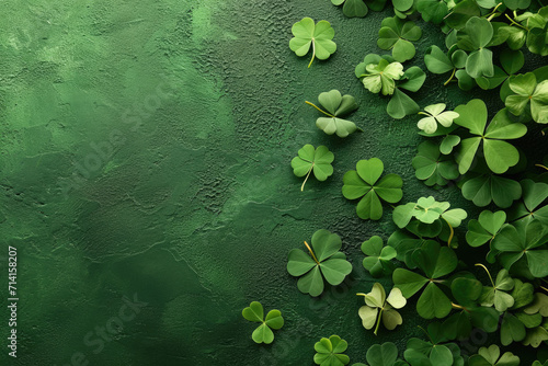 Green background with shamrocks and a four-leaf clover for St. Patrick's Day. photo