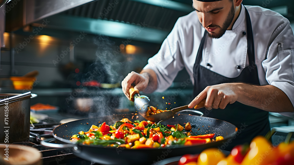Male chef preparing vegetable vegetarian dish at a professional kitchen.