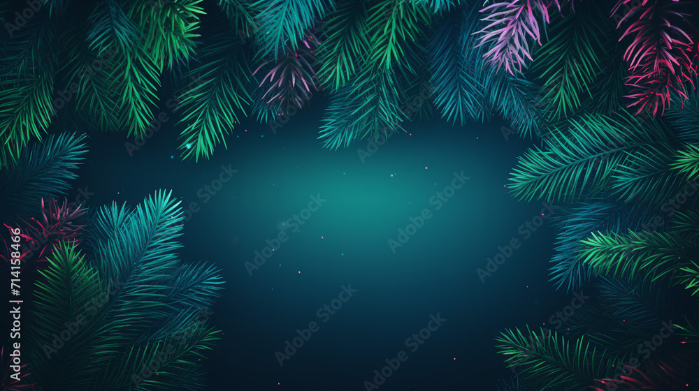 Vibrant Christmas Tree Branches and Neon Decorations - Festive Holiday Layout with Copy Space for Promotional Content and Greeting Cards - Top View Flat Lay Isolated Background