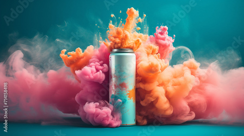 Tin can for drink in orange pink smoke on blue background, advertisement for soft drinks, soda, juice.