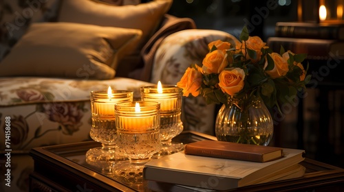 Candlelight casting a warm and inviting glow on glass candles arranged on a vintage-style side table in a reading nook