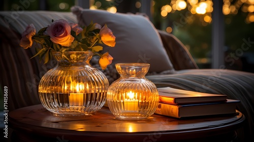 Candlelight casting a warm and inviting glow on glass candles arranged on a vintage-style side table in a reading nook.