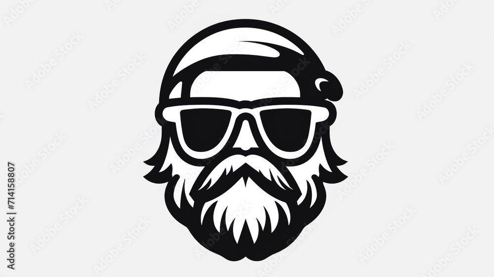 Man in New Year's hat with mustache and beard in black and white strength, stylish sticker. Man in New Year's hat with mustache and beard in black and white strength, stylish sticker.